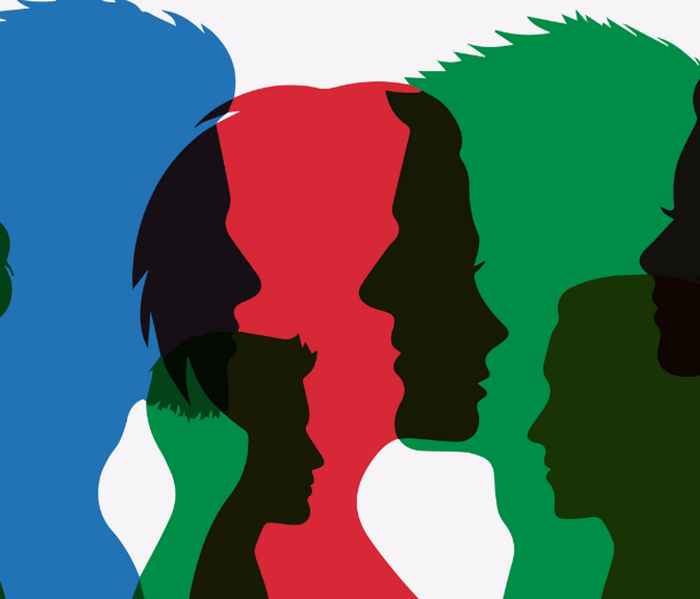Logo of the podcast showing shadow overlayed heads of various colours
