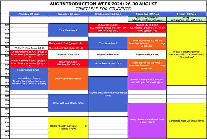 Introduction week timetable